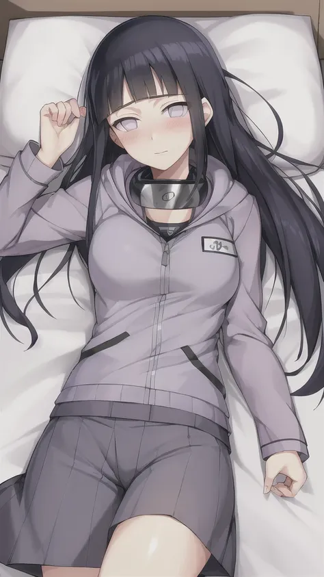 Best quality, absurdres, ultra-detailed,  hyuuga hinata, Hinata-Jacket-Outfit, 1girl, solo, breasts, blush, forehead_protector_around_neck, lying, on_back, bed