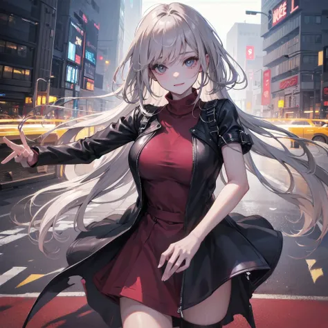 Outlook, Cute Smile, Strange Perspective, Red sweater，（ change）Moderate, Separate Color，bs shoulder, Blushed，(Gray Hair), White Gloves，White boots，dirty，Torn clothes，Clothing that shows blood:1.3),, Tearing the cloak, tear pantyhose ，Cyberpunk Streetwear，i...