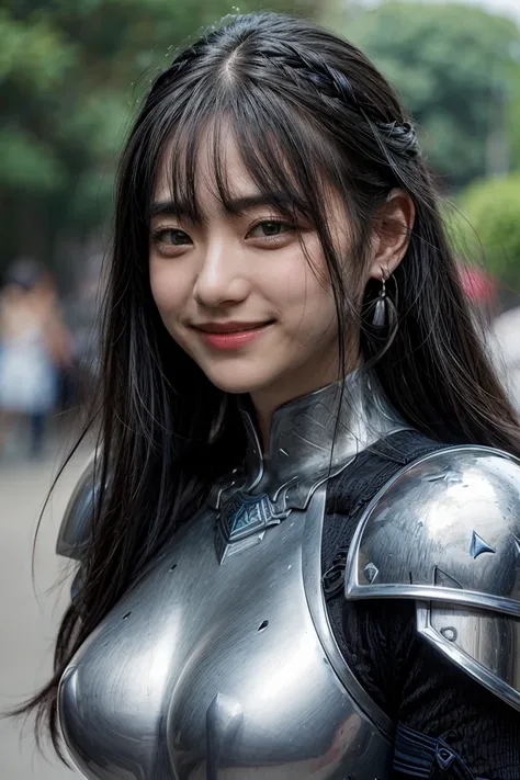 1girl, armor, black_hair, blurry, blurry_background, blurry_foreground, breasts, blue_eyes, closed_mouth, depth_of_field, earrings, jewelry, long_hair, looking_at_viewer, smile, solo, upper_body