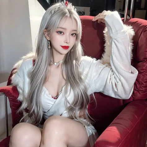 Queen, crown in head, white hair, makeup face, red suit queen, red lipstick, smile, red eyes, sit in chair,