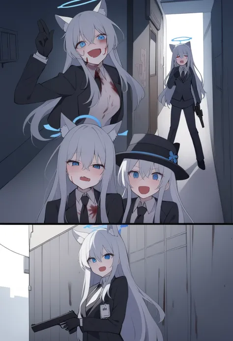 girl，Silver long hair, blue eyes, Wearing a black suit,Black gloves, and black pants, uninhabited alley，Crazy Laugh, blue halo，Black Hat，Gray wolf ears，Black Tie，With a pistol，Blood on the body，Yandere