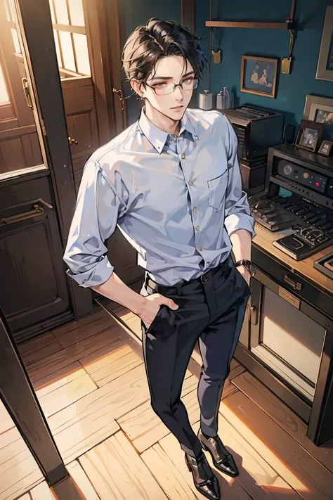 anime - (masterpiece), best quality, seductive eyes, perfect face, handsome man, brown eyes, long slicked back black hair, long nose, tan brown skin, white collar, light blue long sleeve shirt, black fitted pants, silver watch, square glasses, extremely ta...