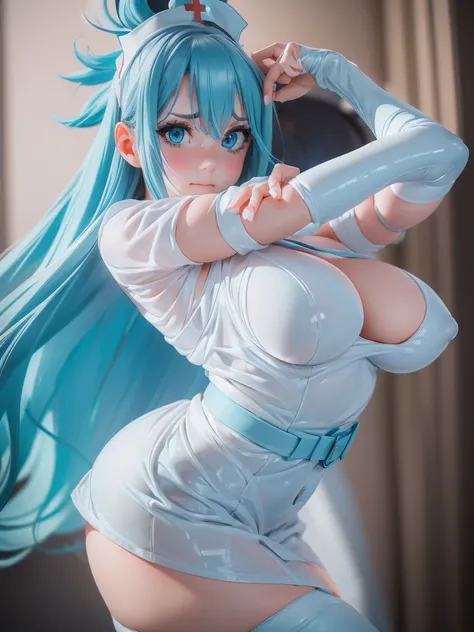 (Photos in RAW format, Best quality), (and souls: 1.2), (Sharp facial features), Aqua Konosuba, 1 woman, Beautiful, (very detailed skin: 1.2), (With teary eyes), (Blue eyes), Ulyubka, clavicle, cute face, Beautiful eyes, Long eyelashes, ((perfect fingers))...