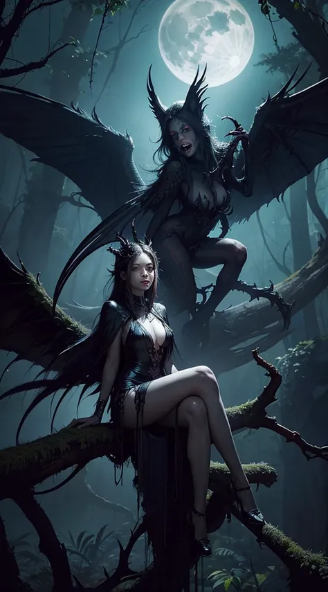 Showing a harpy sitting on the branch of a giant tree in the rainforest at night. Their eyes should reflect the moonlight shining through the treetops... Surrounded by rare flora and fauna, The art of horror fiction, Sci-fi horror art, Inspired by Alexis B...