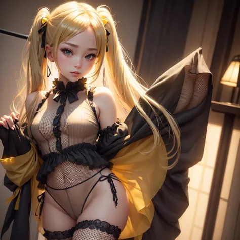 Blonde、Beautiful young woman、Twin tails、Yellow ribbon hair accessory、Realistic beautiful fingers、Black fishnet stockings、Light clothing in summer、Sheer clothing、Attractive clothes、Exposed skin、Transparent panties、Thong、