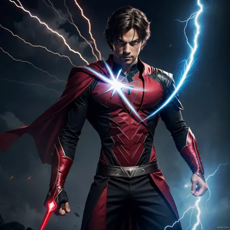 Create a man superhero suit with magic power and lightning power and flying power with a powerful sword and black and red combo suit and  red eye suit like anime 