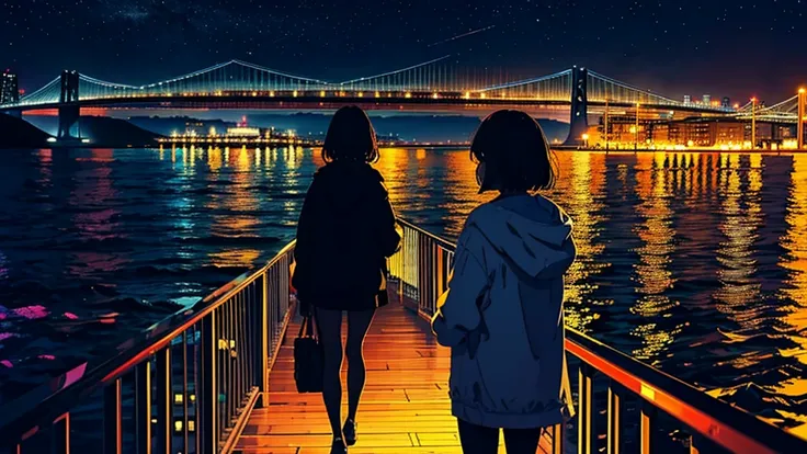 A woman looks at the seaside、night、Bay bridge、