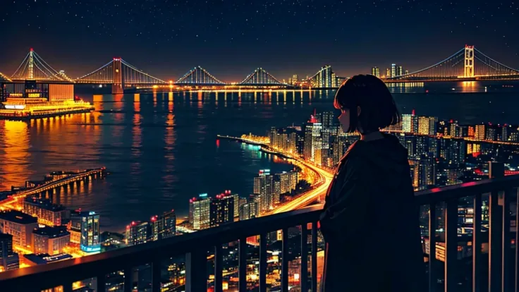 A woman looks at the seaside、night、Bay bridge、