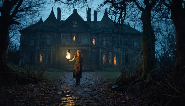 Emily, a young woman with a lantern, cautiously entering the decaying manor.