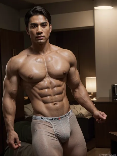 1 man, nude asiatic man, tight underwear, erect, muscular male body, realistic, photorealistic, physically-based rendering, ultra-detailed, 8k, hyper-realistic, dramatic lighting, cinematic, dramatic pose, glowing skin, veiny muscular arms, chiseled abs, t...