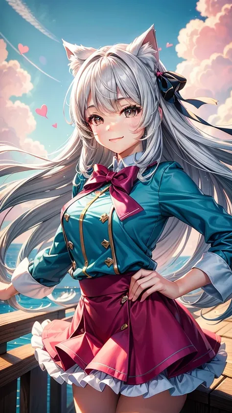 Silver hair, brown eyes, woman, sun and cloud background, teal and pink clothes, hair bows, sexy uniform outfit, sexy, cat ears, hearts, floating hearts, long thick hair, smiling face