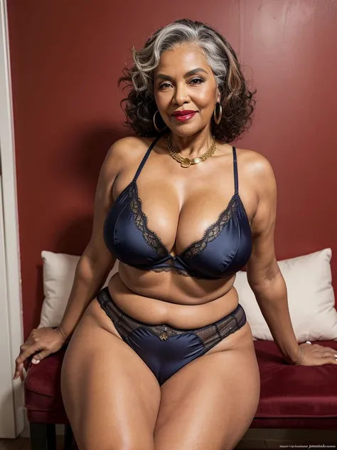 day, bright lights, plus size fat old grandma Sixty years old, red lips, mulatian granny, shes half afroamerican, black skin, taned skin, big lips, big red lips, huge lips, long curly grey hair, gold jewelery on her, perfect hair, she smiling, posing in fr...