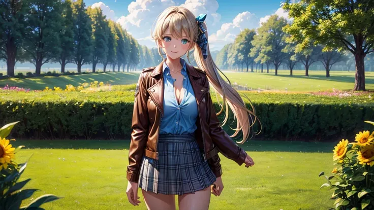 1girl, solo, ((full body)), summer, village, trees, sun, clouds, ((colorful hair)), side ponytail, large breasts, ((brown leather jacket)), button down shirt, ((blue checked shirt)), ((unbuttoned shirt)), unbuttoning buttons, cleavage 1:3 green eyes, grey ...