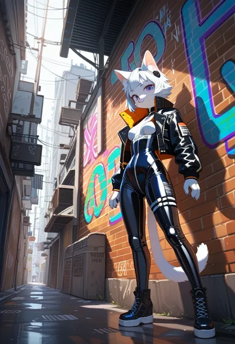 animation, Highest quality, Highest quality, High quality illustrations, masterpiece, Ultra-high resolution, Detailed Background, Alley, Graffiti art on the wall, Absurd, Perfect Anatomy, performance, Good lighting, Shadows in the movies(kemono, Furry Pers...