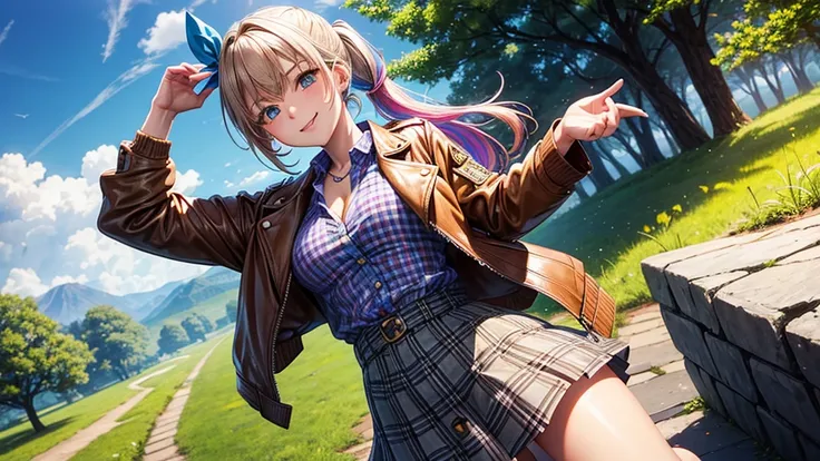 1girl, solo, ((full body)), summer, village, trees, sun, clouds, ((colorful hair)), side ponytail, large breasts, ((brown leather jacket)), button down shirt, ((blue checked shirt)), ((unbuttoned shirt)), unbuttoning buttons, cleavage 1:3 green eyes, grey ...