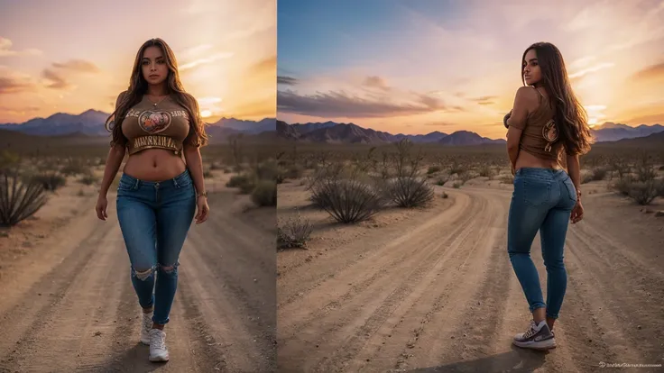 a beautiful colombia woman, Walking in the Mojave Desert, enges T-Shirt, long brown hair, photorealestic, then, skinny destroy jeans, big big xxl breast  , big big xxl ass, details, sunset, very large breasts, Slim body, low sneaker