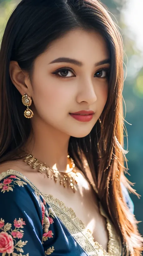 8K, ultra high detailed, an indian girl, cute face, happy, long hair, impressive hairstyle, detailed eyes, detailed lips, indian clothes, saree, dark blue saree, lace, wearing jewellery, nature background, flowers, afternoon, shadow, clear weather, whole b...