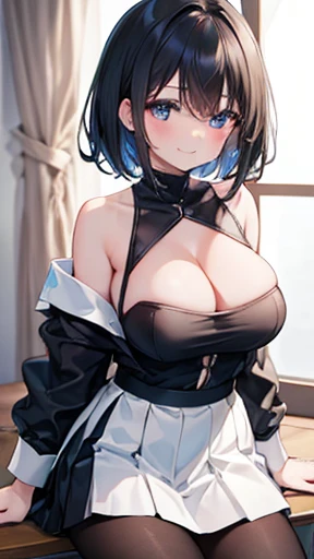 masterpiece, {{{{Highest quality}}}}, 16K, beautiful,1 Girl, black髪, {Pleats_skirt(black)}, {just_shoulder(white)},  No sleeve, Cleavage, {pantyhose(black)}, {{{Captivating smile}}}, Own-taken picture、taking a picture of oneOwn, Own_shot, Large Breasts