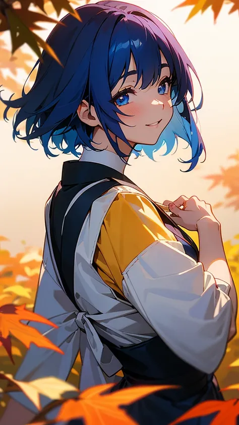 1 Girl、Anime style painting、Upper body close-up、From the side、邪悪なsmile、Dark blue hair、Sparkling blue eyes、smile、Apron appearance、Perfect lighting、Autumnal leaves々、Momiji Park、Background Blur, Written boundary depth