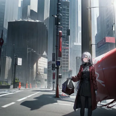 Outlook, Cute Smile, Strange Perspective, Red sweater，（ change）Moderate, Separate Color，bs shoulder, Blushed，(Gray Hair), White Gloves，White boots，dirty，Torn clothes，Clothing that shows blood:1.3),, Tearing the cloak, tear pantyhose ，Cyberpunk Streetwear，i...