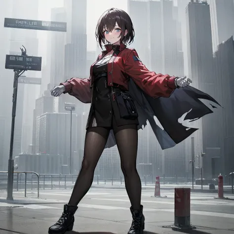 Outlook, Cute Smile, Strange Perspective, Red sweater，（ change）Moderate, Separate Color，bs shoulder, Blushed，(Gray Hair), White Gloves，White boots，dirty，Torn clothes，Clothing that shows blood:1.3),, Tearing the cloak, tear pantyhose ，Cyberpunk Streetwear，i...