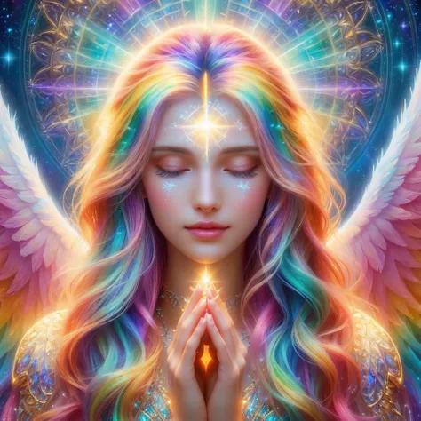 A woman with long hair and angel wings is holding a crystal, A shining angelic presence, An angel of light, Beautiful angel, of Beautiful angel, Angelic Spirit Guidance, Angel Light, Beautiful woman angel, portrait of a Beautiful angel, So colorful and hea...