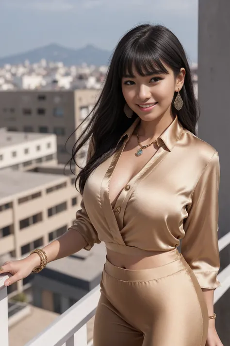 Half-length glamour portrait, nikon D850, f1.6 lens, 200mm, DSLR, 22 Megapixels, (((Sunny terrace overlooking the city rooftops scene))), shot of a stunning 19 years old korean girl, (smile:1.4), (wearing Beige satin blouse and matching wide-leg pants set:...