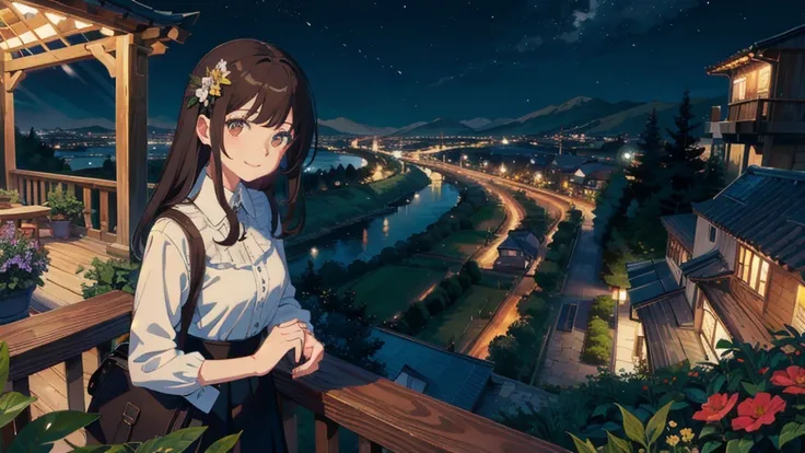 masterpiece,Highest quality,One Girl,The hair color is brown, Eye color: black, smile,countryside,Cityscape,night景,Flowers and plants,scenery,night,Light Perception,soft,