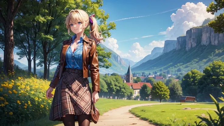 1girl, solo, full body, village, trees, sun, clouds, ((colorful hair)), side ponytail, large breasts, ((brown leather jacket)), button down shirt, ((blue checked shirt)), ((unbuttoned shirt)), unbuttoning buttons, cleavage 1:3 green eyes, long skirt, brown...