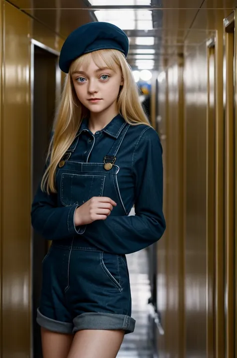 Beautiful blonde girl identical to Dakota Fanning standing in a hallway of a submarine wearing blue long-sleeved overalls and wearing a black beret on her head 