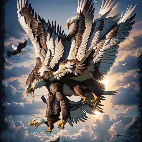 a painting of an eagle flying over a forest with a wolf, an eagle, eagle wings, eagle, a full-color airbrushed, an eagle flying, with an eagle emblem, by Joe Jusko, inspired by Joe Jusko, eagles, inspired by Alex Horley, eagle logo, by Ron Walotsky, by Ale...