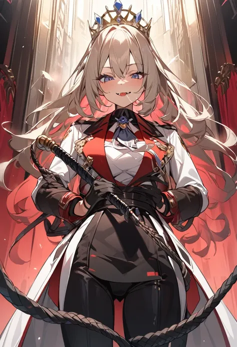 Highest quality, One Girl, Neat，uniform，Leather whip，Holding a whip，smile，saliva，Looking down at the camera，Sadistically，Queen
