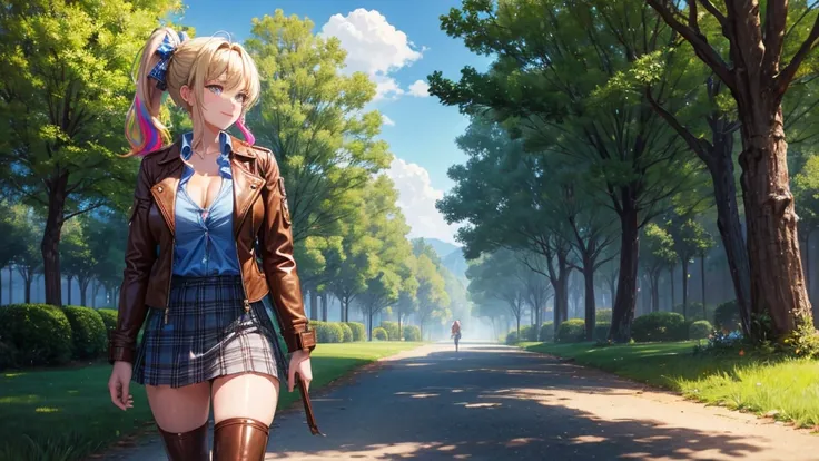 1girl, solo, full body, village, trees, sun, clouds, ((colorful hair)), side ponytail, large breasts, ((brown leather jacket)), button down shirt, ((blue checked shirt)), ((unbuttoned shirt)), unbuttoning buttons, cleavage 1:3 green eyes, long skirt, brown...