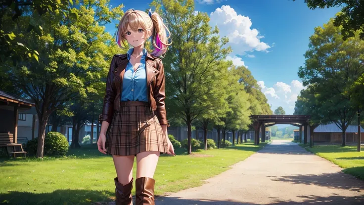 1girl, solo, full body, village, trees, sun, clouds, ((colorful hair)), side ponytail, large breasts, ((brown leather jacket)), button down shirt, ((blue checked shirt)), ((unbuttoned shirt)), unbuttoning buttons, cleavage 1:3 green eyes, long skirt, brown...