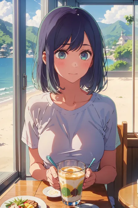 (Highest quality:1.4、masterpiece:1.4、Super detailed:1.4、8K:1.4)、((((1 person、Surprised expression、sit、Cafe Terrace、coastal、juice、table、Sandy Beach、juiceのグラスを持つ、Very soft boobs、T-Shirts、Long Hair、Big eyes、Very cute face))))、F cup bust、Medium breast、Underboo...