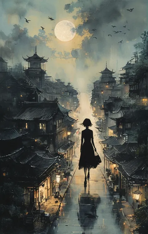 「I bow my head as if I were in despair.、Woman walking in a dark city。The desperate woman suddenly、Illuminated by the intense brightness of car headlights、The world is instantly illuminated in pure white light......。 」