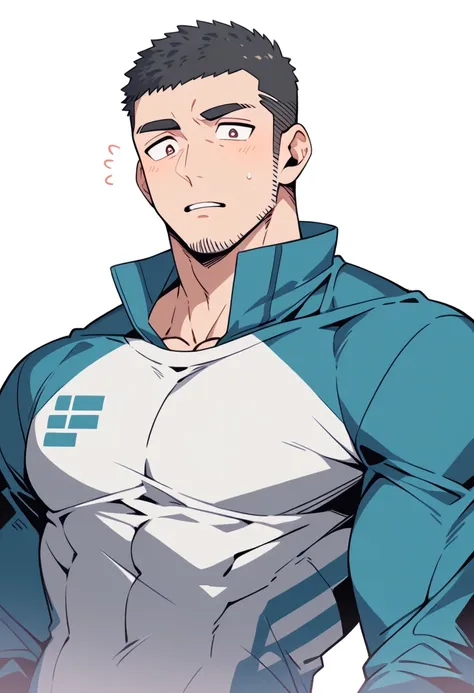 anime characters：priapus, muscle sports student, buzz cut, manliness, male focus, light grey high collar long sleeve tight t-shi...