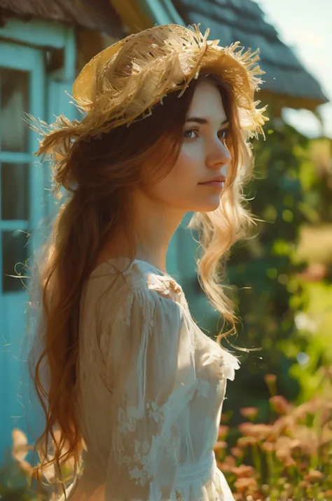 A beautiful woman with light delicately filtering through her hair, her summer dress is beautiful and shes standing in front of a cottage