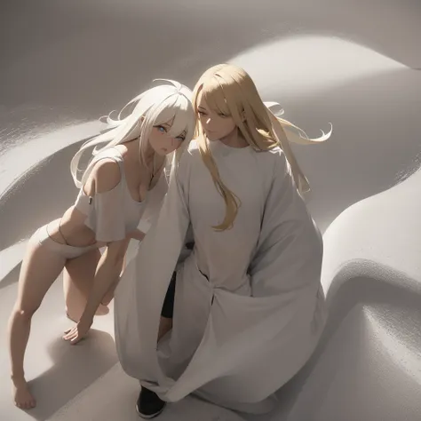 A man with long white hair, wearing a white t-shirt and black pants and a woman with long blond hair, beautiful breasts, wearing just shorts and a white crop top. They are supporting each other to fall to the ground. The environment around them is covered ...