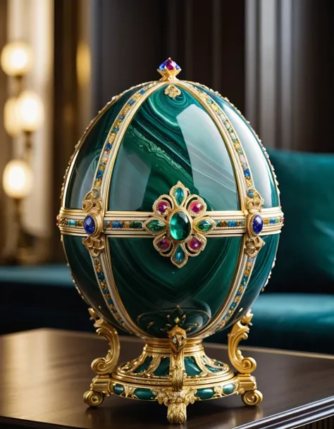 Full shot of an eliptical object (Faberge Egg, mix of Memory of Azov and Rosebud) with a highly detailed and intricate surface. The object is made of materials that resemble jewelry, marble or a similar type of stone and gemstone, with a variety of vibrant...