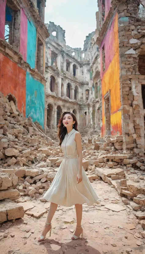 masterpiece, best quality, Dynamic poses, Dynamic Angle, ruins, Dynamic Background, Multicolored background,  1 Girl, permanent,