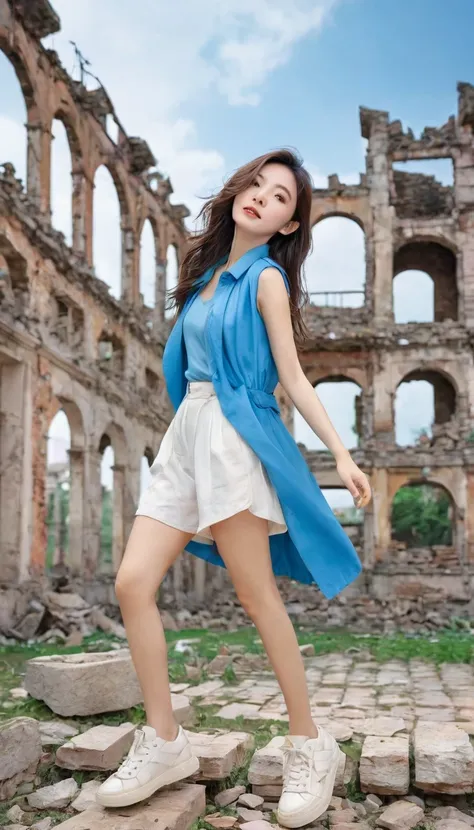 masterpiece, best quality, Dynamic poses, Dynamic Angle, ruins, Dynamic Background, Multicolored background,  1 Girl, permanent,