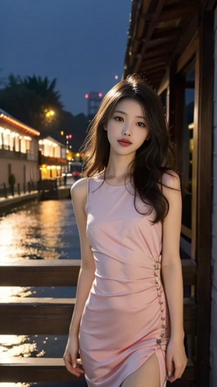 1 Girl,Small bridge,Soft Light,Chinese Beauty,Tight Fit,Pink dress,,Dark-haired,long hair