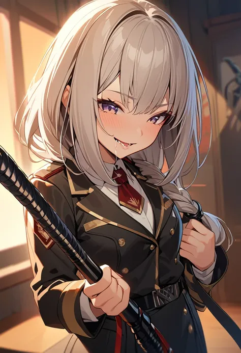 Highest quality, One Girl, Neat，uniform，Leather whip，Holding a whip，smile，saliva，Looking down at the camera，Sadistically
