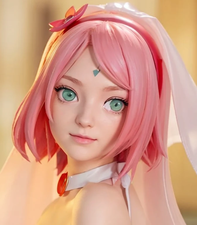 young woman, long pink hair, wide forehead, porcelain skin, pink eyebrows, big emerald green eyes, buttoned nose, thick lips, heart-shaped face, slender body, small breasts, pink leather dress, Sakura Haruno, realistic, realism black details 3d
