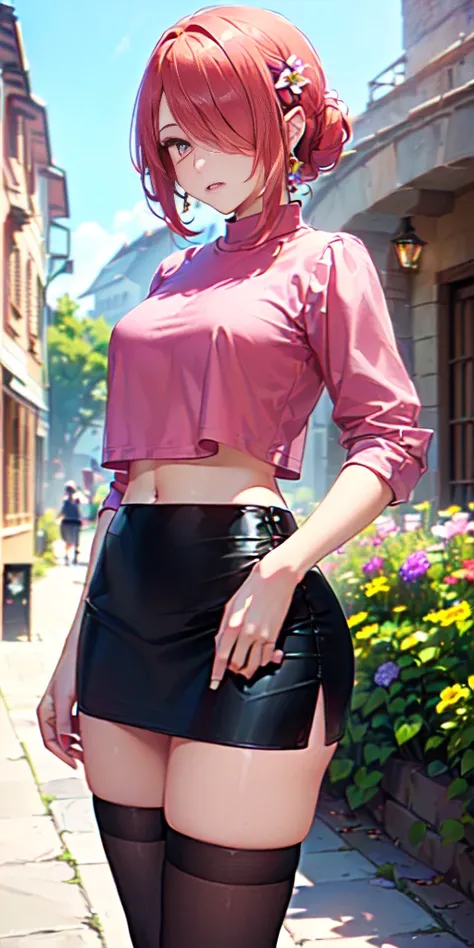 (((masterpiece, best quality, High Resolutions, hmeliza, 1girl, Hair over one eye, jewely, single thighhigh, midriff, black skirt, asymmetrical legwear, Pink shirt, black thighs, beltt, short miniskirt, Standing, Shot cowboy, outdoor, Featured, Flower ))),...