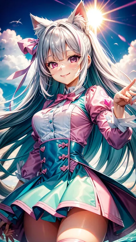 Silver hair, pink eyes, woman, sun and cloud background, teal and pink clothes, hair bows, sexy uniform outfit, sexy, cat ears, hearts, floating hearts, long thick hair, smiling face, face only