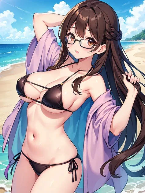 1 Female、Brown hair、Brown Eyes、Best Quality、Super detailed、8 Resolution、Raw photo、Mastepiece、Perfect Body、high resolution、Highest quality、Detailed drawing、Vibrant colors、lure、Long Hair、Black-rimmed glasses、Captivating breasts、Braid、Ocean、Micro Bikini