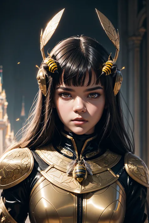 36k, portrait Maia Mitchell, wearing bee latex metalic costume, against the background of Disney Castle, character portrait, 8 9 9 0 s, long hair, intricate, elegant, highly detailed, digital painting, artstation, concept art, smooth, sharp focus, illustra...