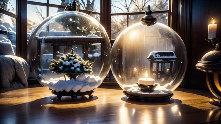 Round transparent glass dome house， candle fireplace,There is a round noble sofa，Light a small candle，There is a little Christmas in the house，A plate of fruit，Super delicate snow scene outside the window, Surrealism，Unreal Attack Photorealistic Rendering，...